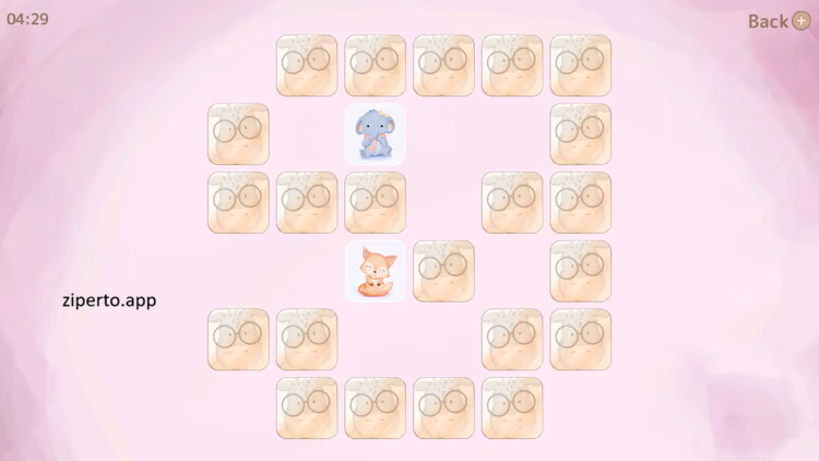 Cozy Memory gameplay showing adorable animal cards arranged in a colorful matching puzzle with hand-painted artwork.
