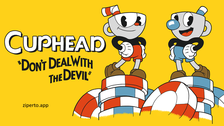 Cuphead gameplay showing Cuphead battling a colorful boss with projectiles and classic run-and-gun action.