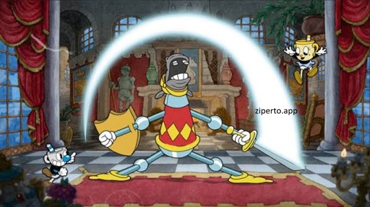 Cuphead gameplay showing Cuphead battling a colorful boss with projectiles and classic run-and-gun action.