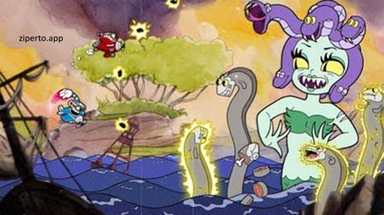 Cuphead gameplay showing Cuphead battling a colorful boss with projectiles and classic run-and-gun action.