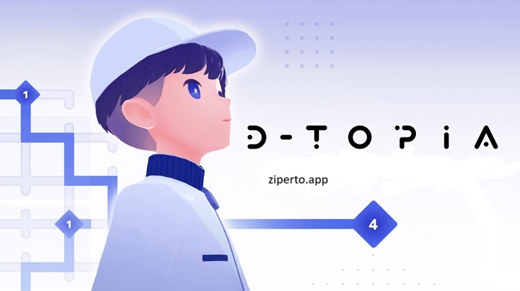 D-topia gameplay showing a futuristic residential community with colorful characters and clean sci-fi environments.