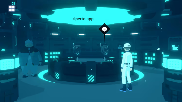 D-topia gameplay showing a futuristic residential community with colorful characters and clean sci-fi environments.