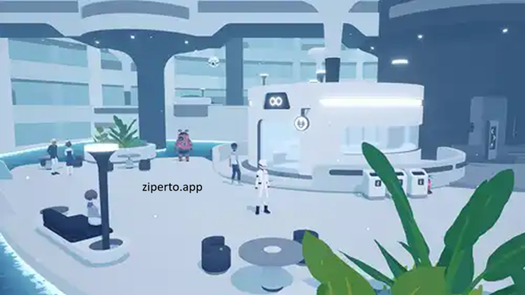 D-topia gameplay showing a futuristic residential community with colorful characters and clean sci-fi environments.