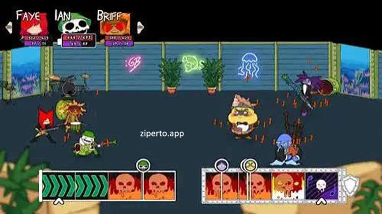 Deathbulge Battle of the Bands showing musicians battling strange enemies with music-themed attacks into RPG world.