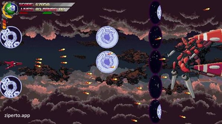 Devil Engine 2026 featuring the battling enemy fleets, bullets and mechanical threats across a dark pixel-art future.