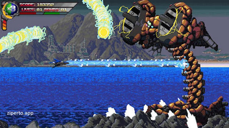 Devil Engine 2026 featuring the battling enemy fleets, bullets and mechanical threats across a dark pixel-art future.