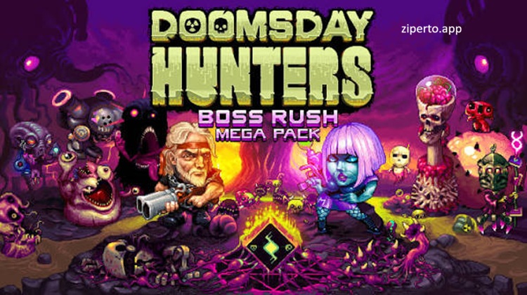 Doomsday Hunters: Boss Rush Mega Pack gameplay showing a giant boss amid colorful bullets, enemies and explosive effects.
