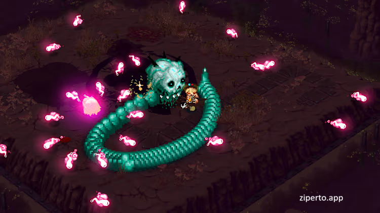 Doomsday Hunters: Boss Rush Mega Pack gameplay showing a giant boss amid colorful bullets, enemies and explosive effects.