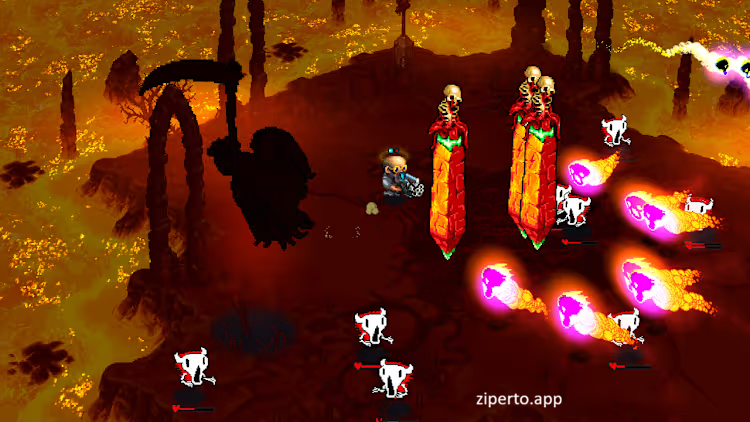 Doomsday Hunters: Boss Rush Mega Pack gameplay showing a giant boss amid colorful bullets, enemies and explosive effects.