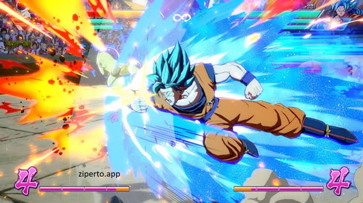 Dragon Ball FighterZ gameplay showing three Dragon Ball characters battling with fast combos, and dramatic anime-style effects.