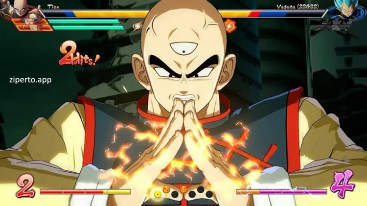Dragon Ball FighterZ gameplay showing three Dragon Ball characters battling with fast combos, and dramatic anime-style effects.
