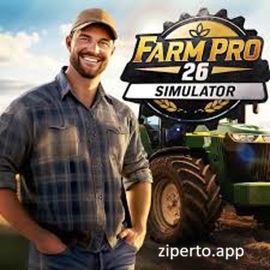 Farm Pro 26 Simulator gameplay showing tractors working with agricultural machinery, farming tasks and rural scenery.