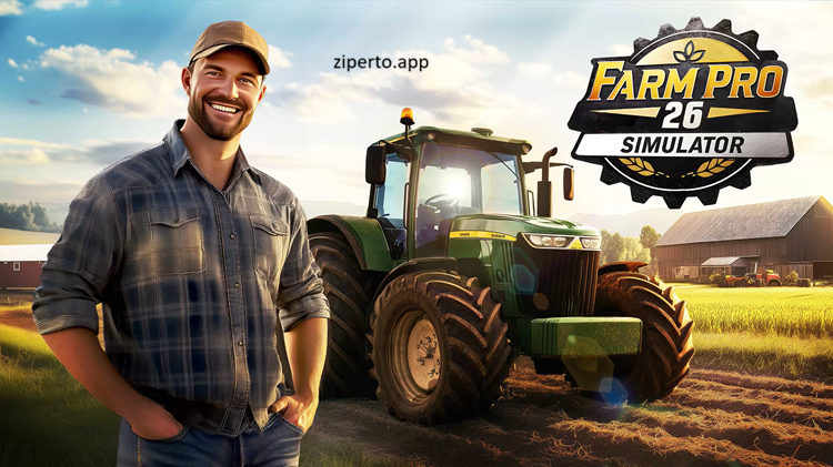Farm Pro 26 Simulator gameplay showing tractors working with agricultural machinery, farming tasks and rural scenery.