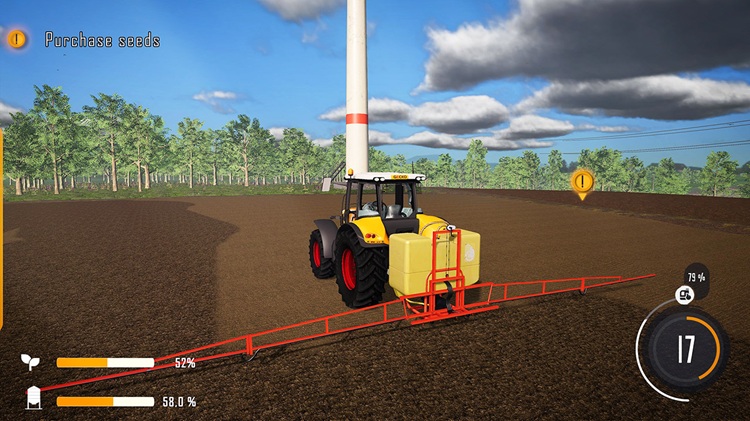 Farm Pro 26 Simulator gameplay showing tractors working with agricultural machinery, farming tasks and rural scenery.Farm Pro 26 Simulator features tractors, crop fields, harvesting equipment and agricultural activities across a rural farming environment.