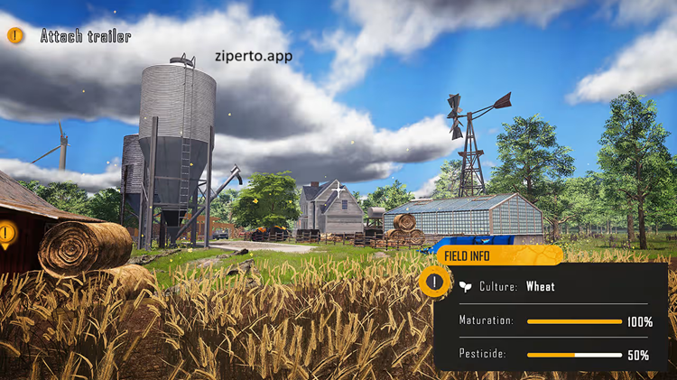 Farm Pro 26 Simulator gameplay showing tractors working with agricultural machinery, farming tasks and rural scenery.