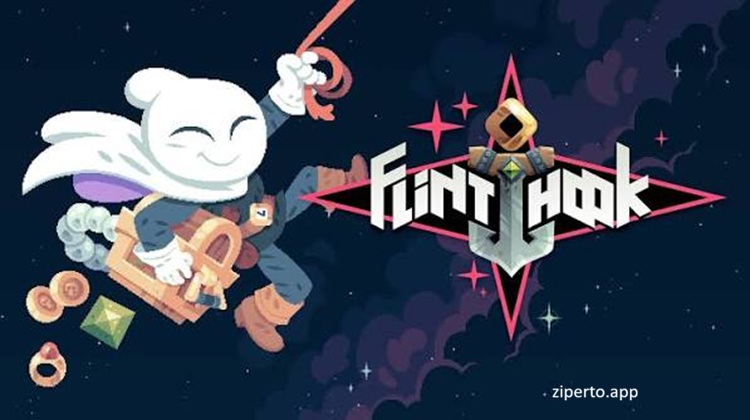 Flinthook gameplay showing the space pirate swinging through a colorful spaceship in fighting enemies and dodging attacks.