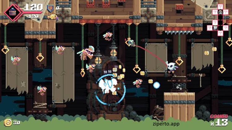 Flinthook gameplay showing the space pirate swinging through a colorful spaceship in fighting enemies and dodging attacks.