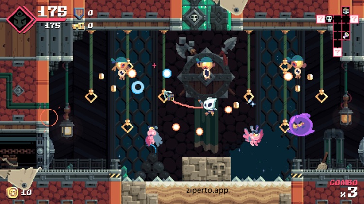 Flinthook gameplay showing the space pirate swinging through a colorful spaceship in fighting enemies and dodging attacks.