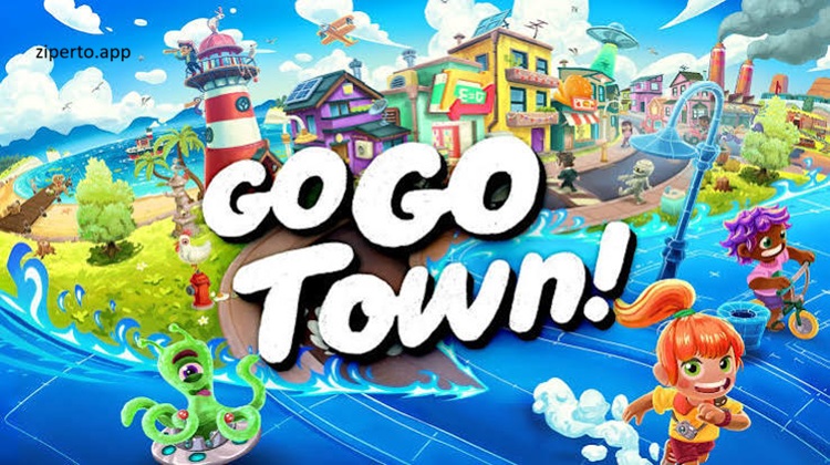 Go-Go Town! gameplay showing colorful town building, shops, residents, customization and cheerful simulation activities.