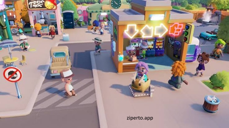 Go-Go Town! gameplay showing colorful town building, shops, residents, customization and cheerful simulation activities.