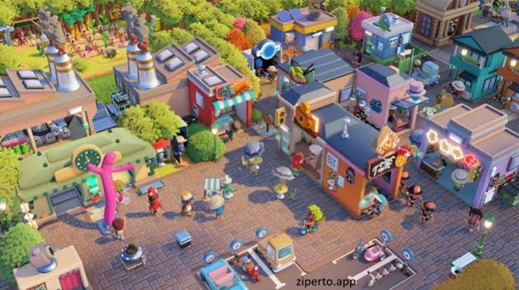 Go-Go Town! gameplay showing colorful town building, shops, residents, customization and cheerful simulation activities.