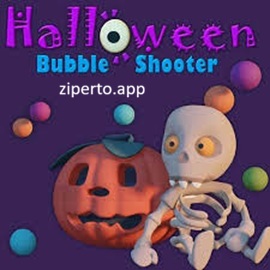 Halloween Bubble Shooter gameplay showing colorful bubbles, spooky Halloween graphics and special items.