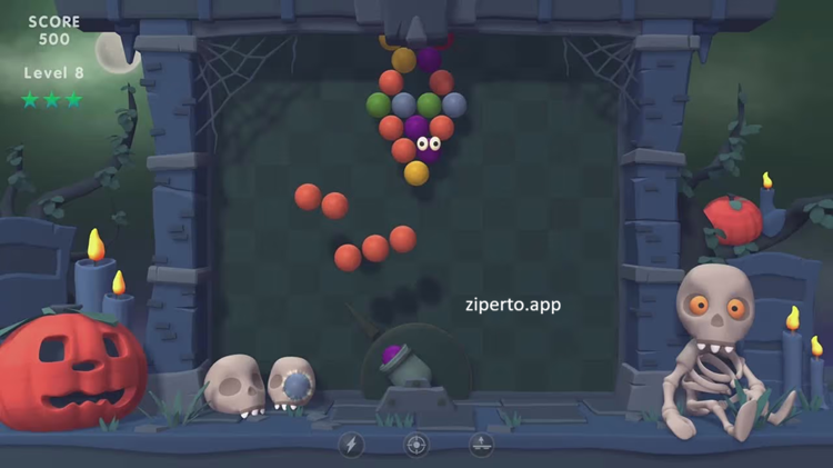 Halloween Bubble Shooter gameplay showing colorful bubbles, spooky Halloween graphics and special items.