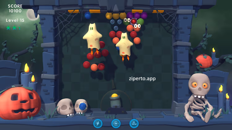 Halloween Bubble Shooter gameplay showing colorful bubbles, spooky Halloween graphics and special items.
