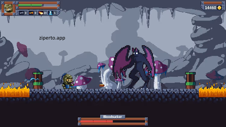 Hellbreachers gameplay showing a pixel-art hero fighting enemies filled with platforms, traps and supernatural creatures.