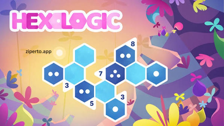 Hexologic gameplay showing a colorful hexagonal puzzle board with connected dots in a relaxing logic challenge.