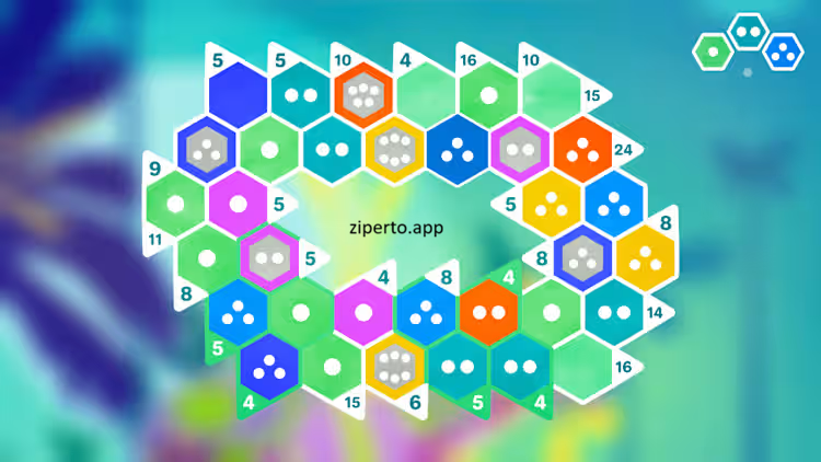 Hexologic gameplay showing a colorful hexagonal puzzle board with connected dots in a relaxing logic challenge.