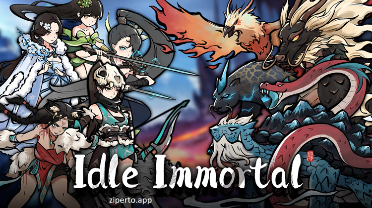 Idle Immortal gameplay showing cultivation characters, a fantasy sect and a team of disciples preparing for adventure.