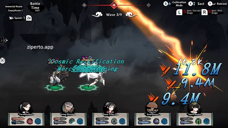 Idle Immortal gameplay showing cultivation characters, a fantasy sect and a team of disciples preparing for adventure.