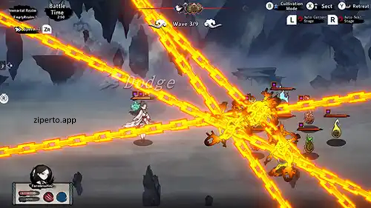 Idle Immortal gameplay showing cultivation characters, a fantasy sect and a team of disciples preparing for adventure.