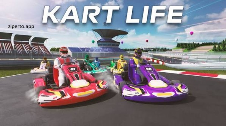 Kart Life gameplay showing a colorful 3D kart racing around a winding circuit with sharp turns and arcade-style racing action.