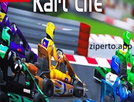 Kart Life gameplay showing a colorful 3D kart racing around a winding circuit with sharp turns and arcade-style racing action.