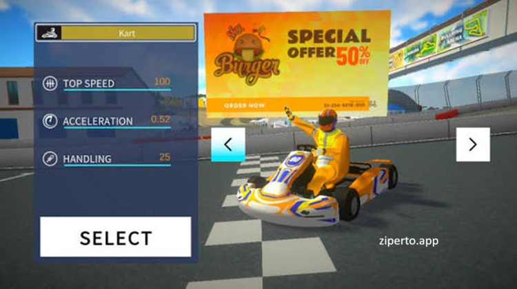 Kart Life gameplay showing a colorful 3D kart racing around a winding circuit with sharp turns and arcade-style racing action.