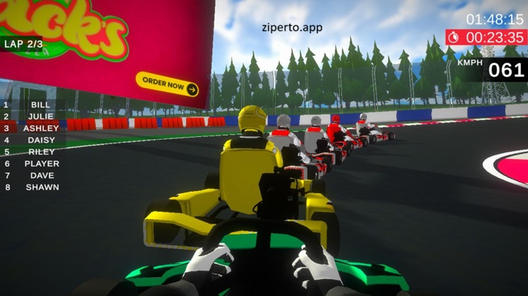 Kart Life gameplay showing a colorful 3D kart racing around a winding circuit with sharp turns and arcade-style racing action.