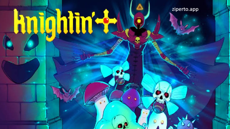 Knightin’+ gameplay showing a pixel-art knight exploring a fantasy dungeon with enemies, traps and mysterious rooms.