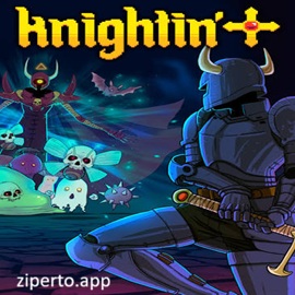 Knightin’+ gameplay showing a pixel-art knight exploring a fantasy dungeon with enemies, traps and mysterious rooms.