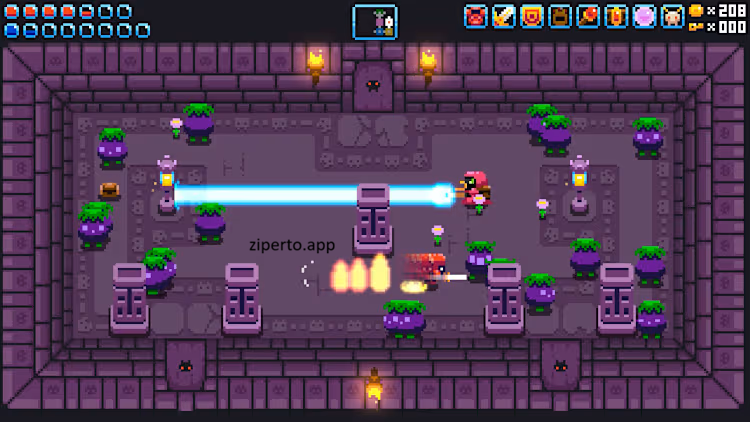 Knightin’+ gameplay showing a pixel-art knight exploring a fantasy dungeon with enemies, traps and mysterious rooms.