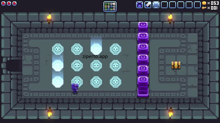 Knightin’+ gameplay showing a pixel-art knight exploring a fantasy dungeon with enemies, traps and mysterious rooms.