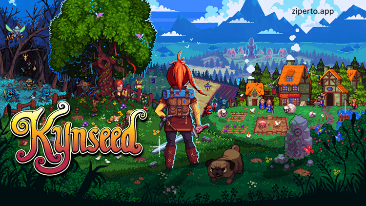 Kynseed 2026 gameplay showing a colorful pixel-art village with exploring the countryside, buildings and fantasy surroundings.