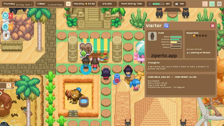 Let's Build a Zoo 2026 featuring colorful pixel art, animal enclosures, visitors and zoo management gameplay.
