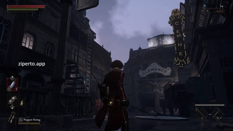 Lies of P: Complete Edition gameplay showing Pinocchio fighting mechanical puppets in the dark Gothic city with combat abilities.
