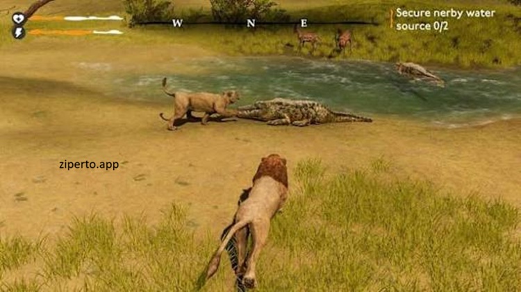 Lion Simulator Survival: RPG Animal Battle gameplay showing a lion roaming the African savannah and facing wildlife.