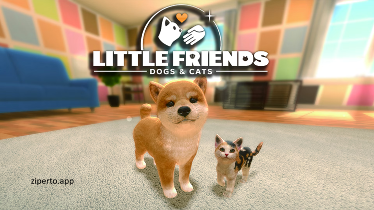 Little Friends: Dogs & Cats gameplay showing adorable puppies and kittens during feeding, training and pet care activities.