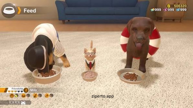 Little Friends: Dogs & Cats gameplay showing adorable puppies and kittens during feeding, training and pet care activities.