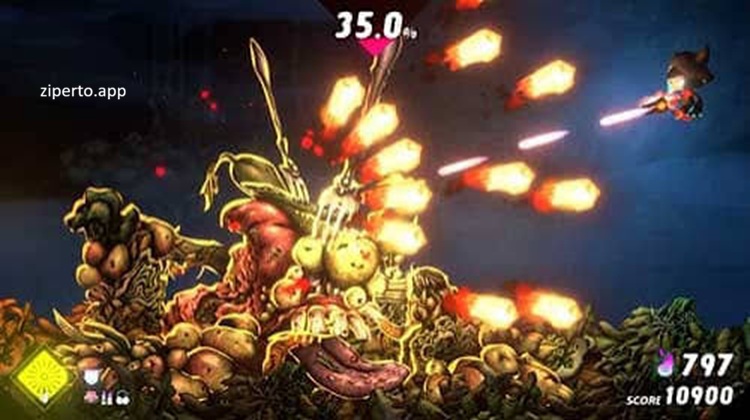 NeverAwake gameplay showing Rem fighting strange nightmare creatures in a colorful hand-drawn twin-stick shooter environment.