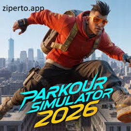Parkour Simulator 2026 gameplay showing rooftop parkour, wall running, precision jumps, fast movement and traversal mechanics.